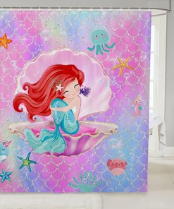 Rainbow Watercolor Mermaid Scales Shower Curtain, Dreamy Bathroom Decor with Cute Sealife Print