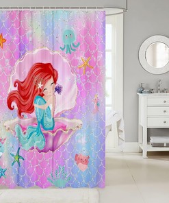 Rainbow Watercolor Mermaid Scales Shower Curtain, Dreamy Bathroom Decor with Cute Sealife Print