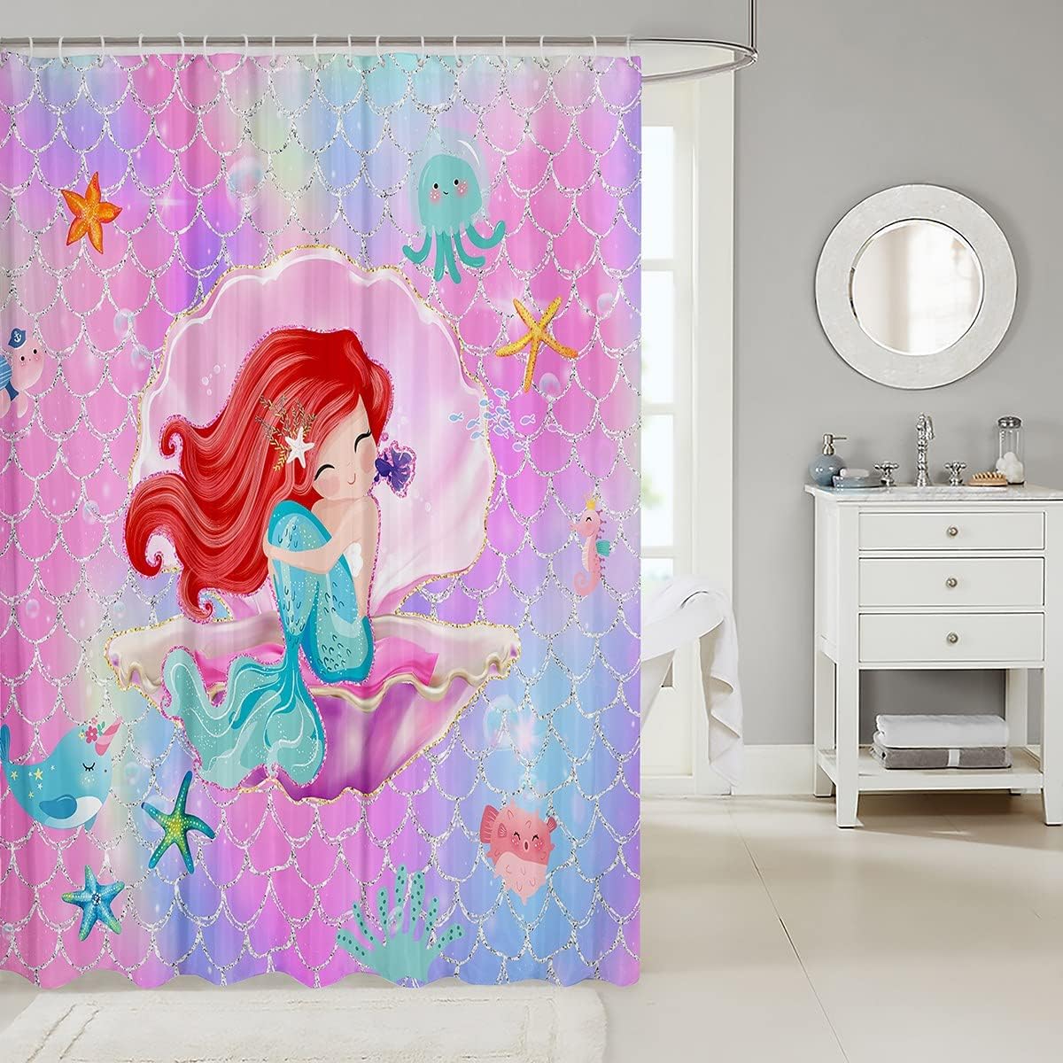 Rainbow Watercolor Mermaid Scales Shower Curtain, Dreamy Bathroom Decor with Cute Sealife Print
