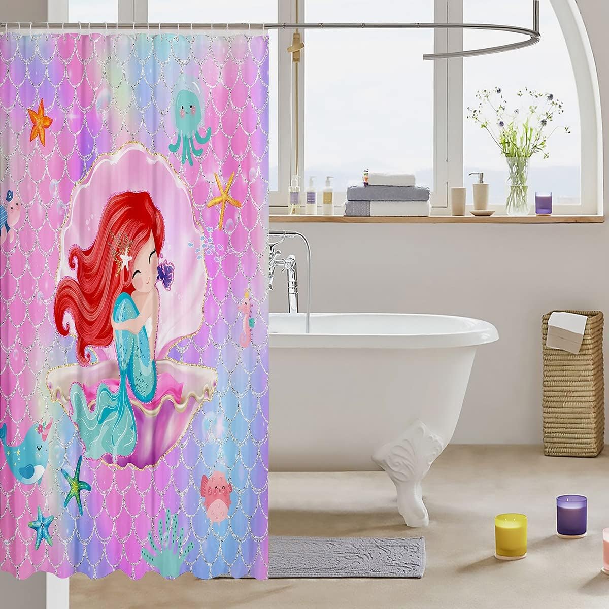 Rainbow Watercolor Mermaid Scales Shower Curtain, Dreamy Bathroom Decor with Cute Sealife Print