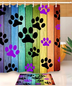 Rainbow Wooden Board Shower Curtain - Dog's Paw Prints Waterproof Fabric Bathroom Decor