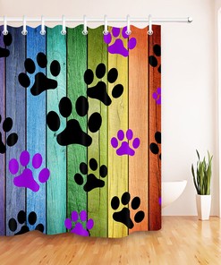 Rainbow Wooden Board Shower Curtain - Dog's Paw Prints Waterproof Fabric Bathroom Decor
