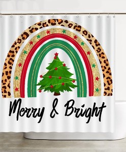 Rainbow Xmas Tree Shower Curtain - Merry And Bright Unique Vintage Leopard Plaid Graphic Bathroom Curtain Decor