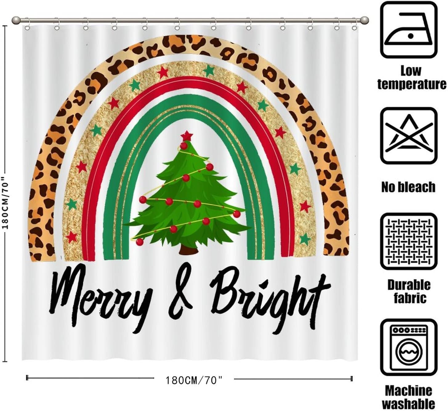 Rainbow Xmas Tree Shower Curtain - Merry And Bright Unique Vintage Leopard Plaid Graphic Bathroom Curtain Decor - Image 2