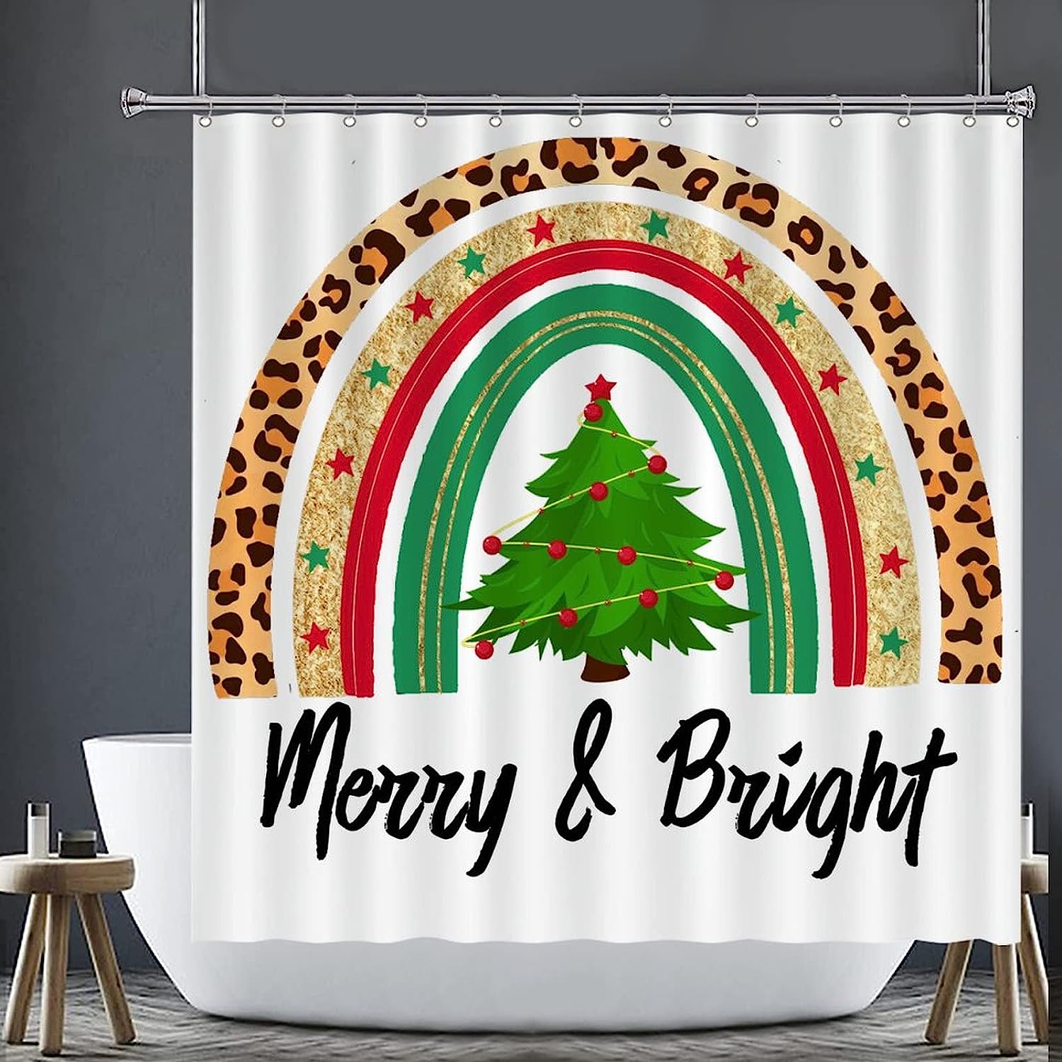 Rainbow Xmas Tree Shower Curtain - Merry And Bright Unique Vintage Leopard Plaid Graphic Bathroom Curtain Decor - Image 3