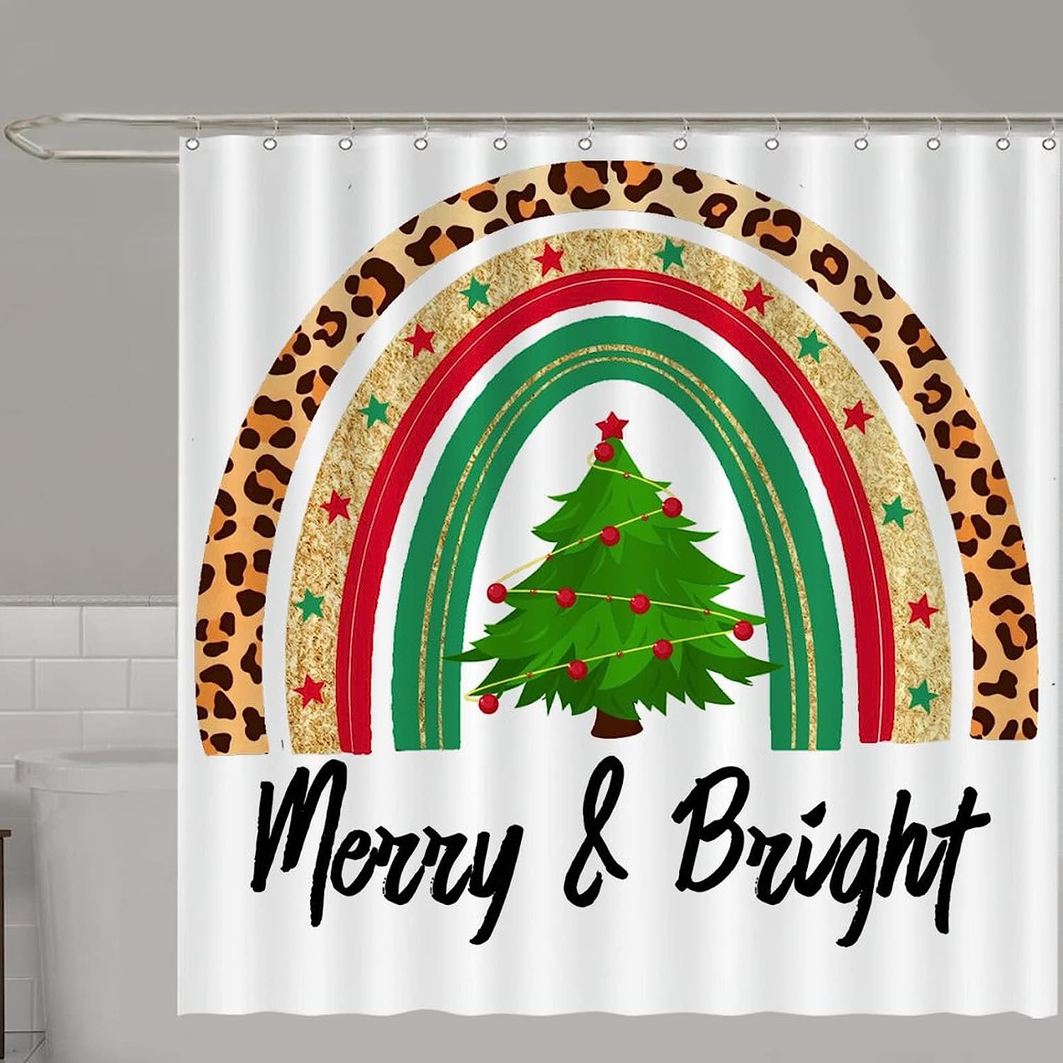 Rainbow Xmas Tree Shower Curtain - Merry And Bright Unique Vintage Leopard Plaid Graphic Bathroom Curtain Decor - Image 4