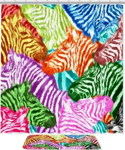 Rainbow Zebra Print Shower Curtain, Set of 2, Waterproof Fabric for Bathroom Decor