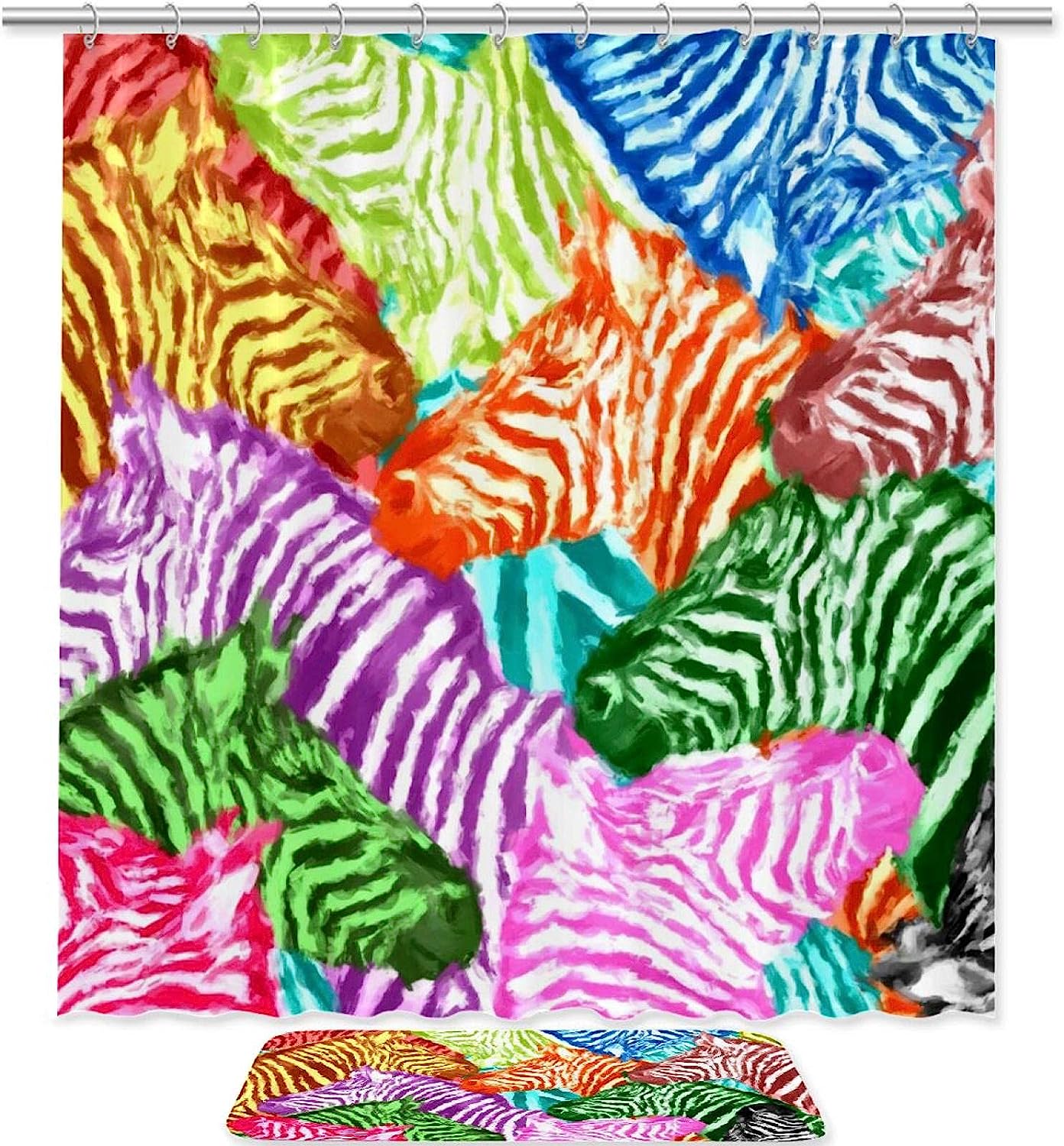 Rainbow Zebra Print Shower Curtain, Set of 2, Waterproof Fabric for Bathroom Decor