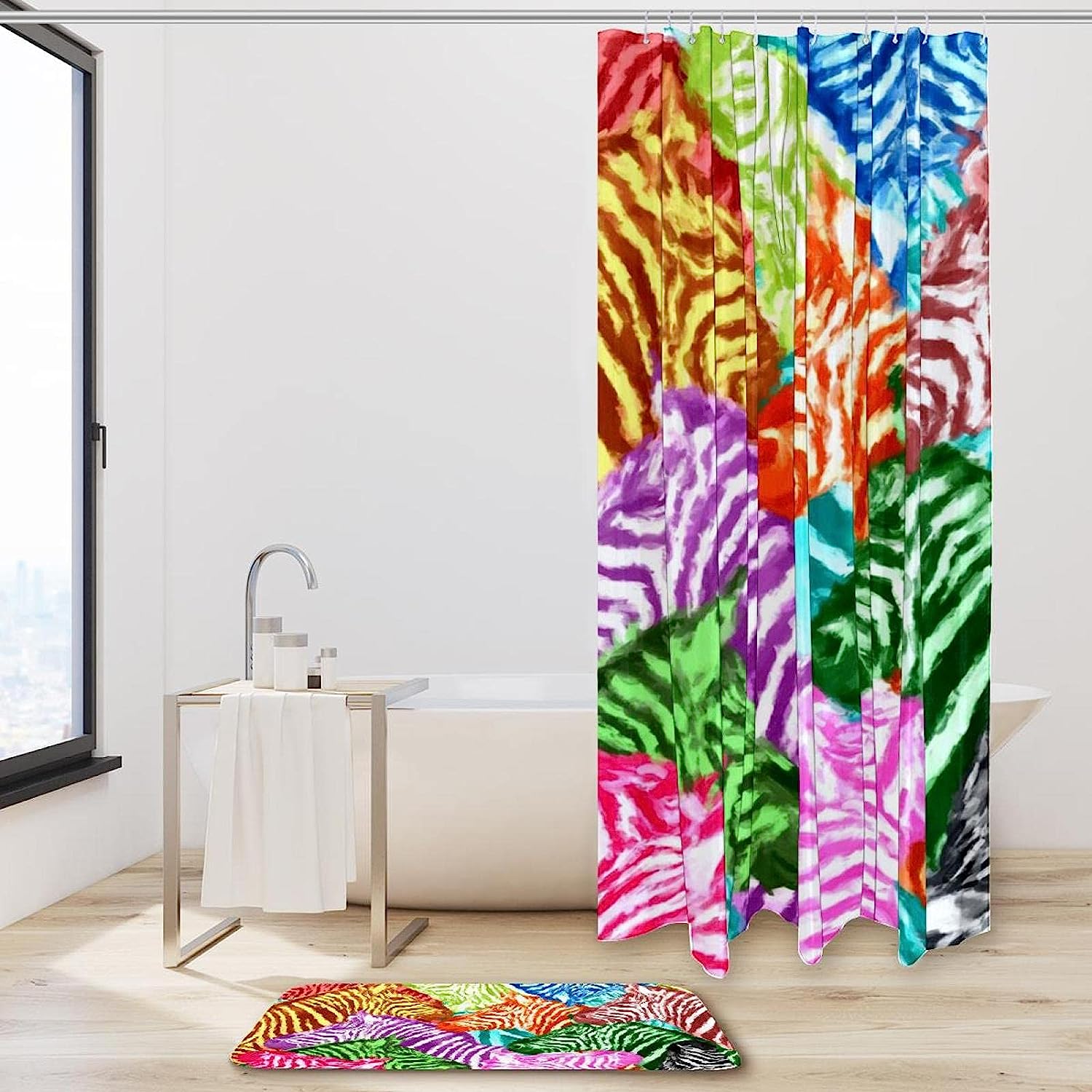 Rainbow Zebra Print Shower Curtain, Set of 2, Waterproof Fabric for Bathroom Decor