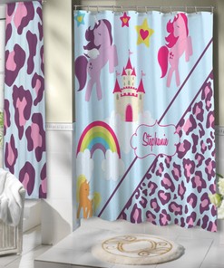 Rainbow and Cheetah Print Unicorn Shower Curtain for Kids Bathroom Decor
