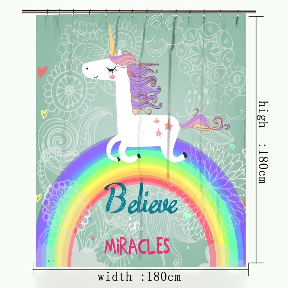 Rainbow and Cute Unicorn Print Shower Curtain for Little Girl's Bathroom Decor