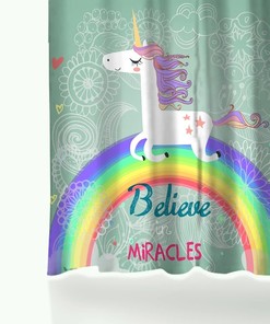 Rainbow and Cute Unicorn Print Shower Curtain for Little Girl's Bathroom Decor