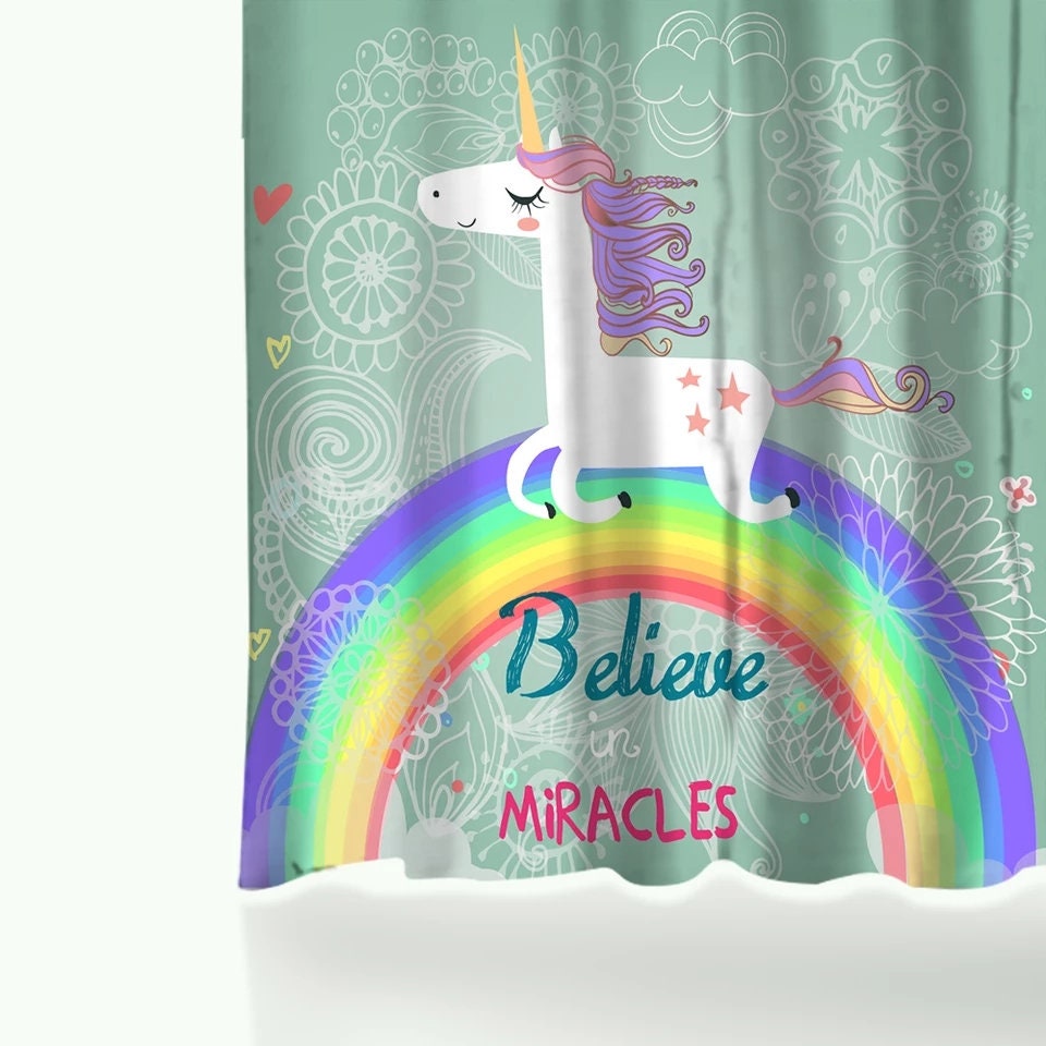 Rainbow and Cute Unicorn Print Shower Curtain for Little Girl's Bathroom Decor