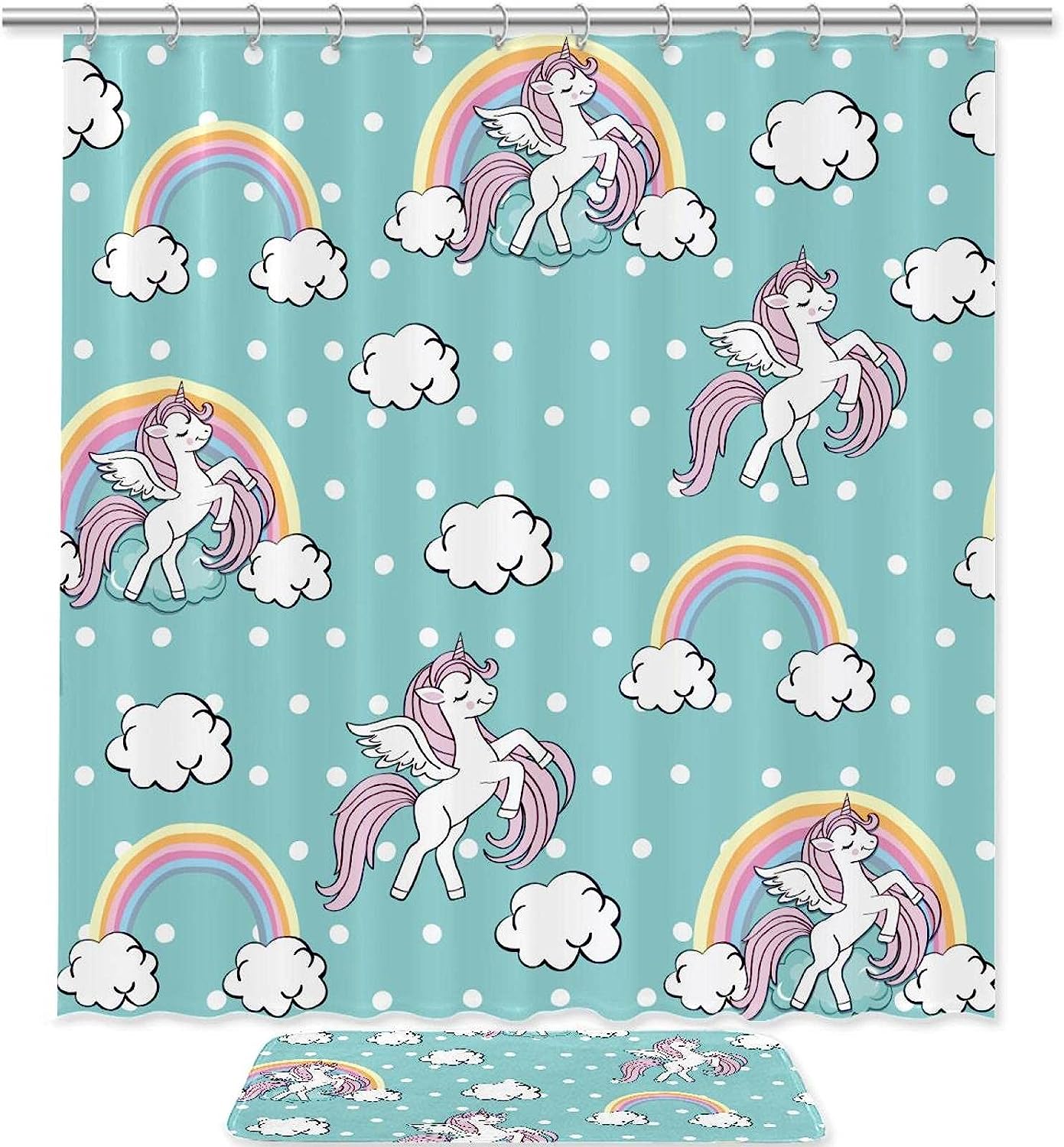 Rainbow and Unicorn Print Shower Curtain to add some magic to your bathroom