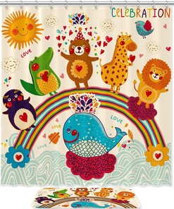 Rainbow-Stand Cartoon Bear And Penguin Print Shower Curtain For Kids Bathrooms