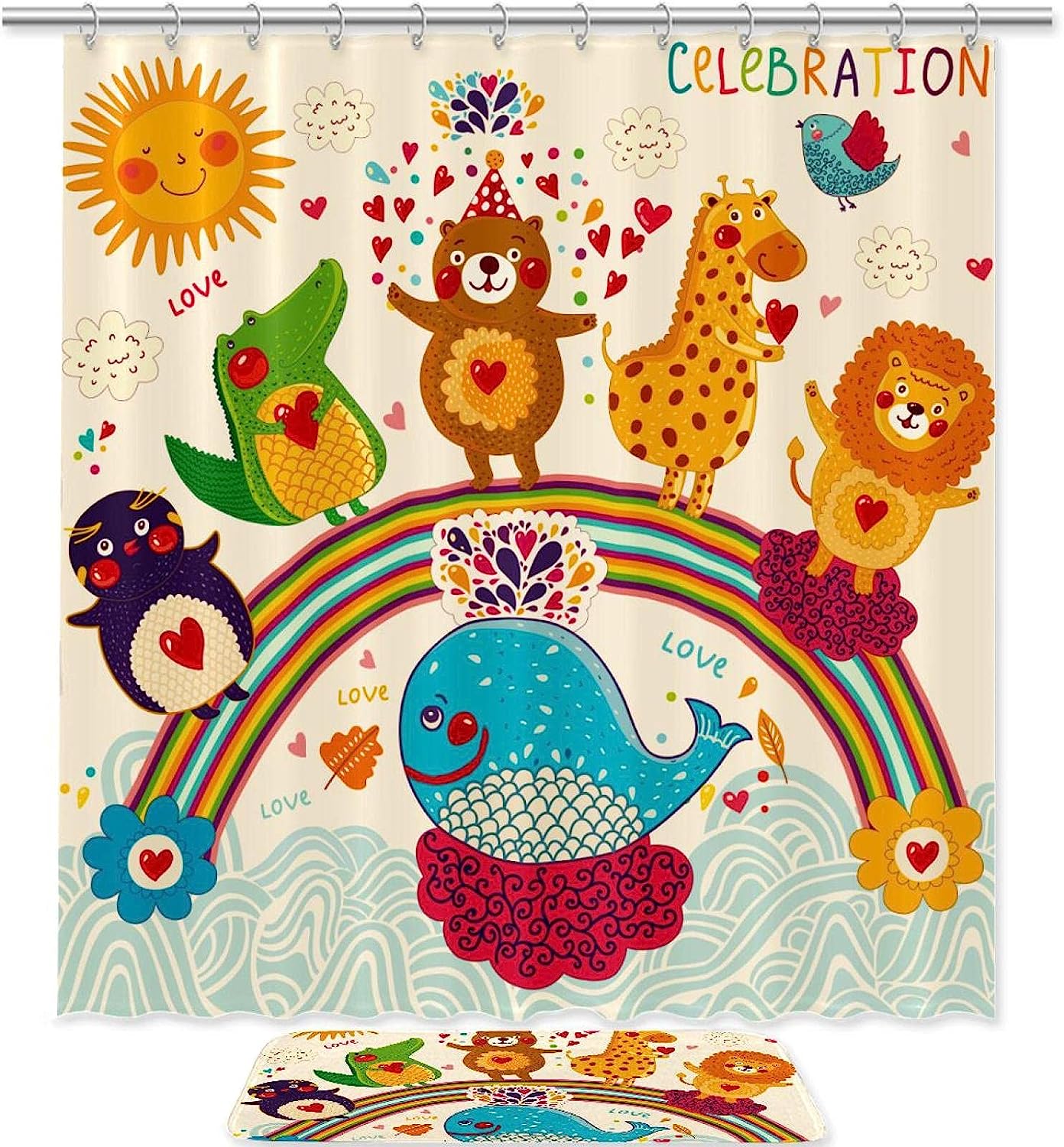 Rainbow-Stand Cartoon Bear And Penguin Print Shower Curtain For Kids Bathrooms