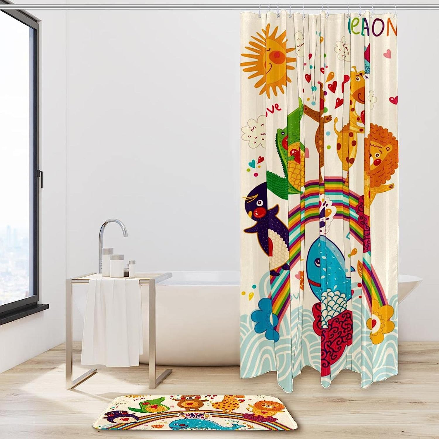 Rainbow-Stand Cartoon Bear And Penguin Print Shower Curtain For Kids Bathrooms - Image 2