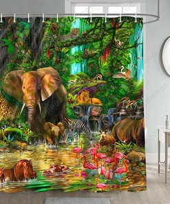Rainforest Animal Shower Curtain, Tropical Jungle Forest Wildlife Bathroom Decor