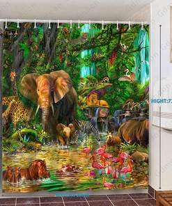 Rainforest Animal Shower Curtain, Tropical Jungle Forest Wildlife Bathroom Decor