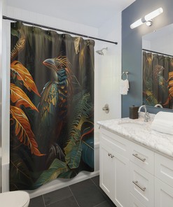 Rainforest Escape: Realistic Shower Curtain with Pre-Raphaelite Style