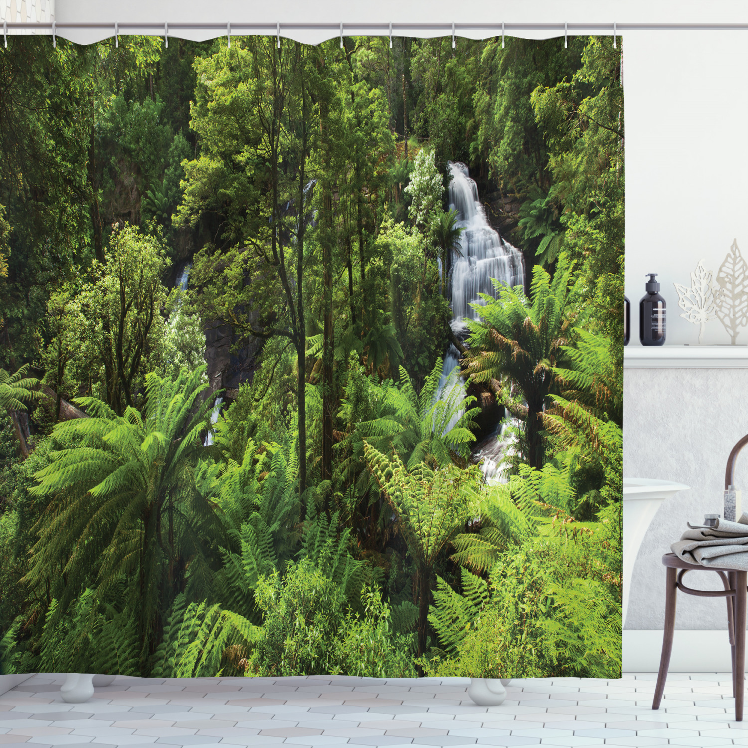 Rainforest Fall River Print Shower Curtain for a Serene Bath