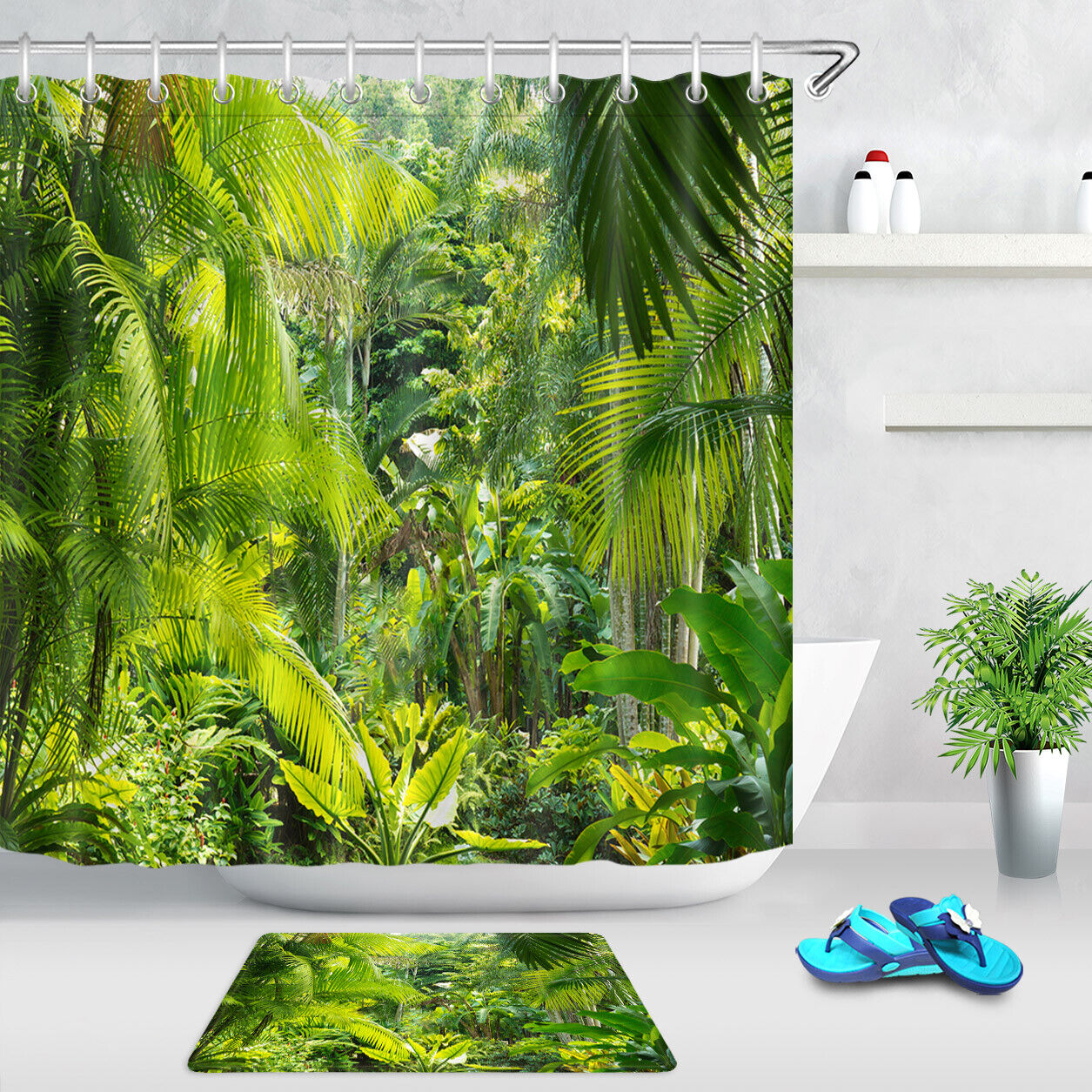 Rainforest Green Leaves Shower Curtain for Natural Bathroom Decor