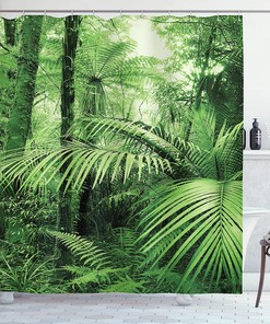 Rainforest Jungle Shower Curtain, Palm Trees And Plants With Wild Nature Theme Illustration For Stall