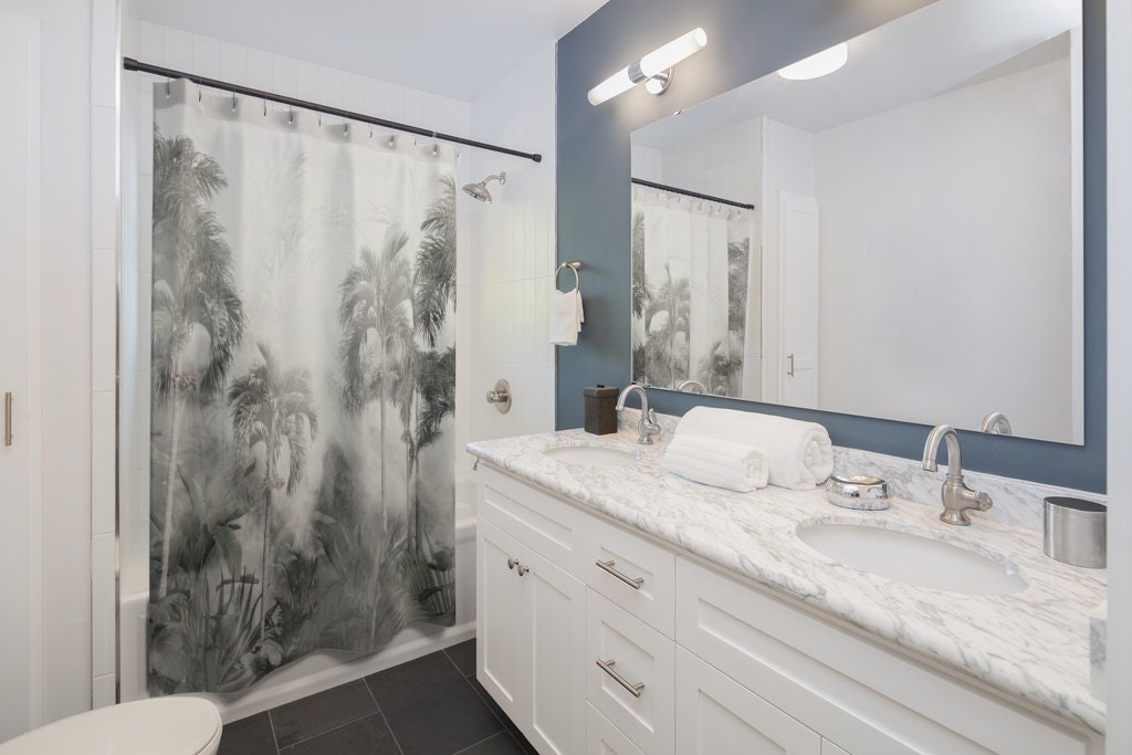 Rainforest Palm Tree Watercolor Shower Curtain for a Boho Bathroom