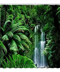 Rainforest Waterfall Shower Curtain, Tropical Jungle Green Leaf Bathroom Decor