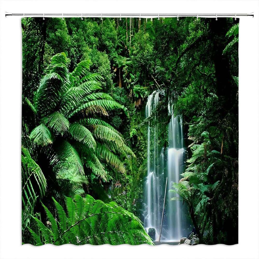 Rainforest Waterfall Shower Curtain, Tropical Jungle Green Leaf Bathroom Decor