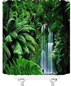 Rainforest Waterfall Shower Curtain, Tropical Jungle Green Leaf Bathroom Decor