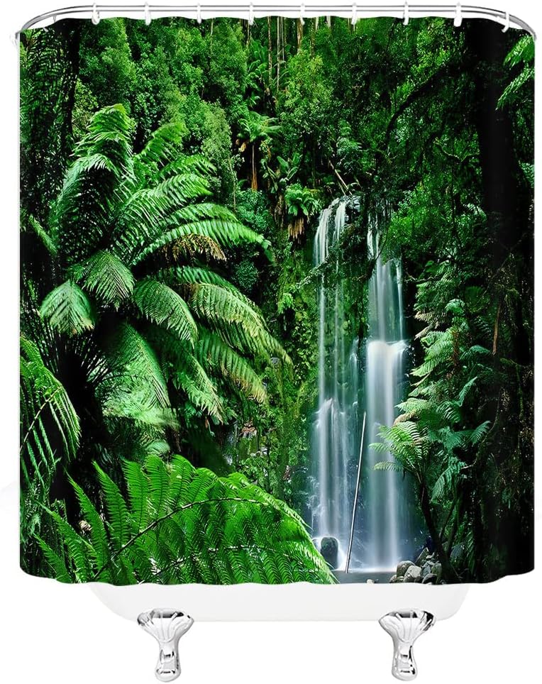 Rainforest Waterfall Shower Curtain, Tropical Jungle Green Leaf Bathroom Decor