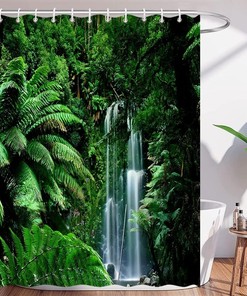 Rainforest Waterfall Shower Curtain, Tropical Jungle Green Leaf Bathroom Decor