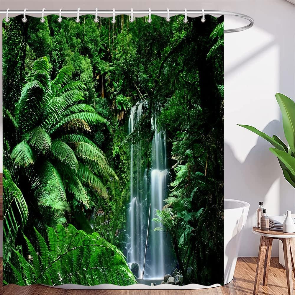 Rainforest Waterfall Shower Curtain, Tropical Jungle Green Leaf Bathroom Decor