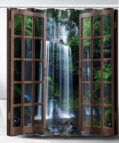 Rainforest Waterfall Tropical Green Plant Landscape Shower Curtain for Nature Lovers