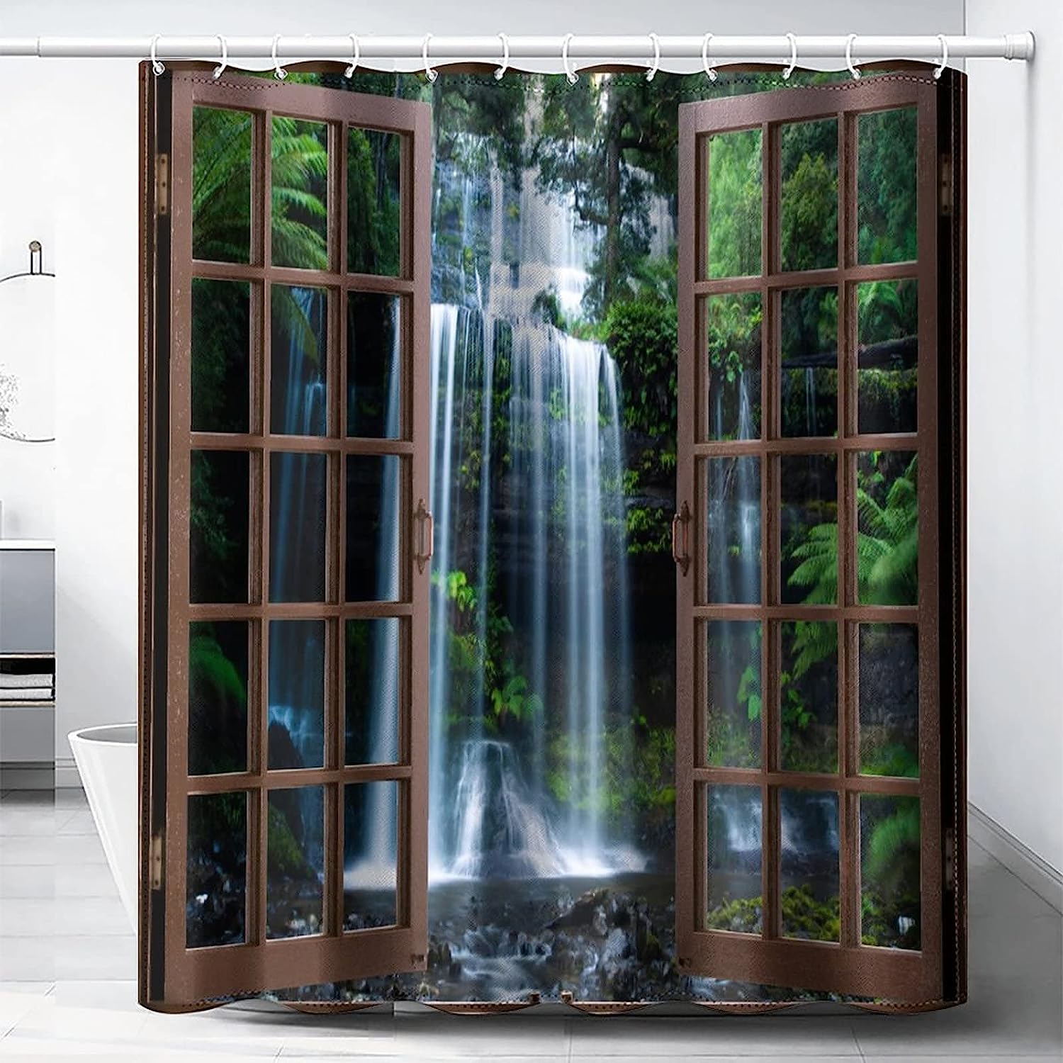 Rainforest Waterfall Tropical Green Plant Landscape Shower Curtain for Nature Lovers