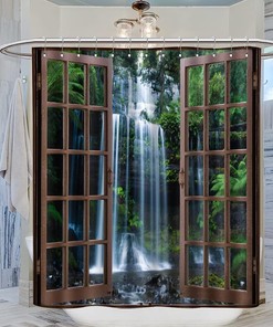Rainforest Waterfall Tropical Green Plant Landscape Shower Curtain for Nature Lovers