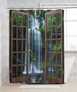 Rainforest Waterfall Tropical Green Plant Landscape Shower Curtain for Nature Lovers
