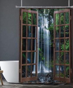 Rainforest Waterfall Tropical Green Plant Landscape Shower Curtain for Nature Lovers