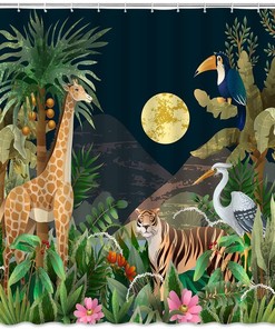 Rainforest-Inspired Animal and Greenery Shower Curtain for a Serene Bathroom