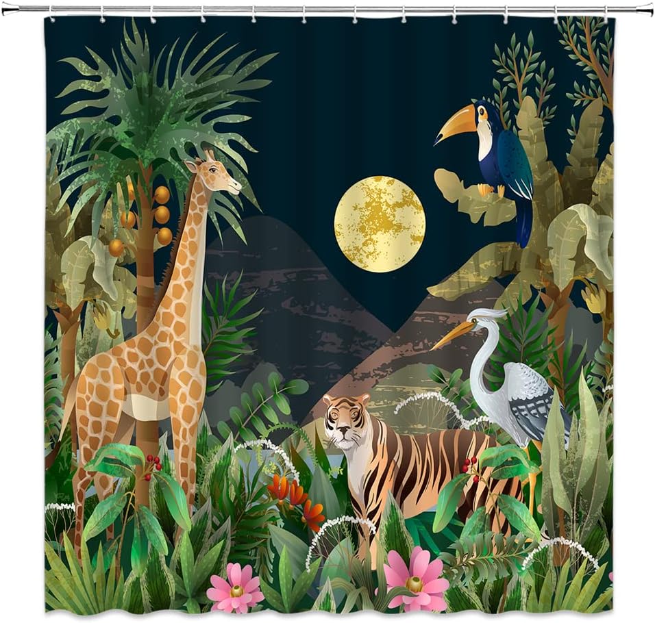Rainforest-Inspired Animal and Greenery Shower Curtain for a Serene Bathroom
