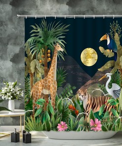 Rainforest-Inspired Animal and Greenery Shower Curtain for a Serene Bathroom