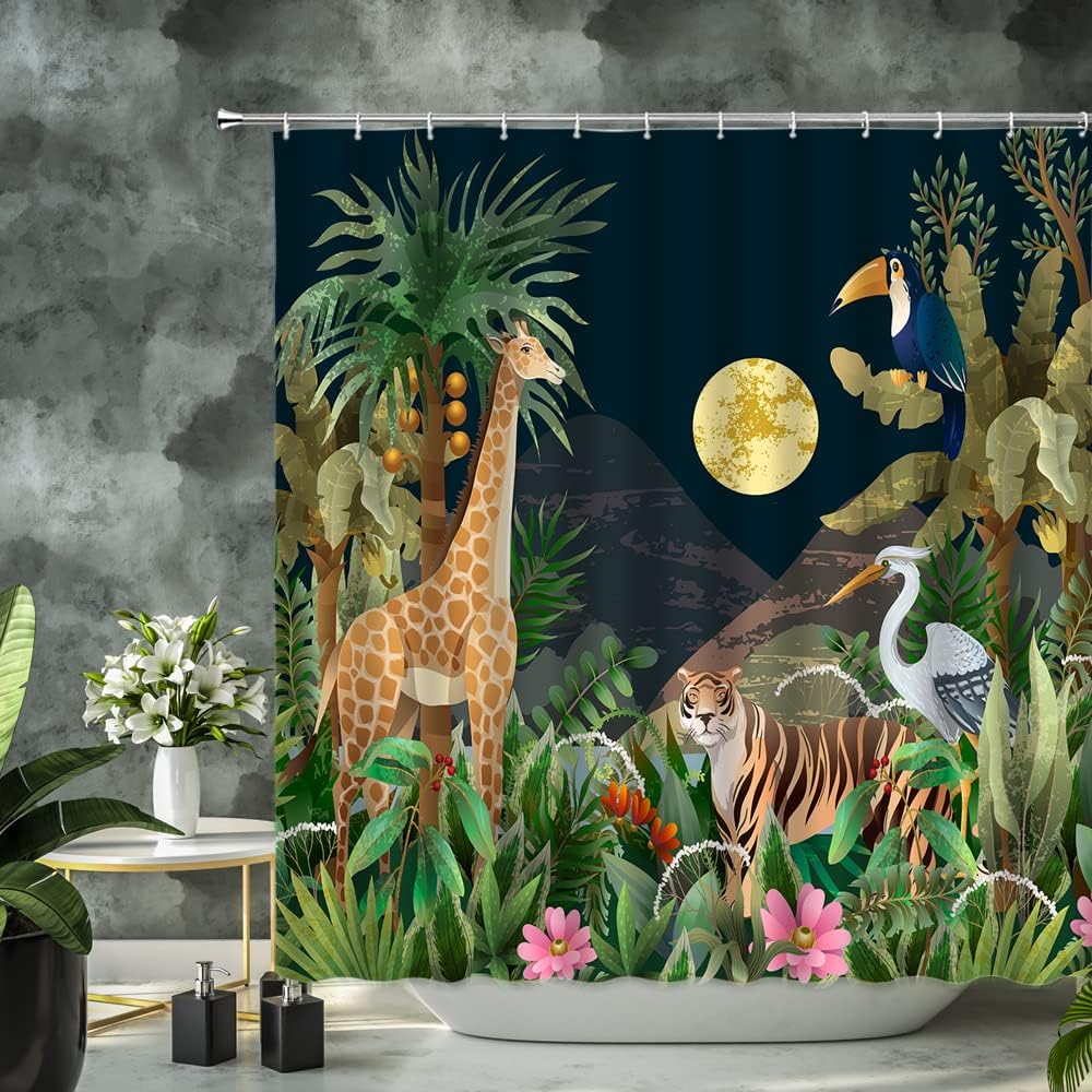Rainforest-Inspired Animal and Greenery Shower Curtain for a Serene Bathroom