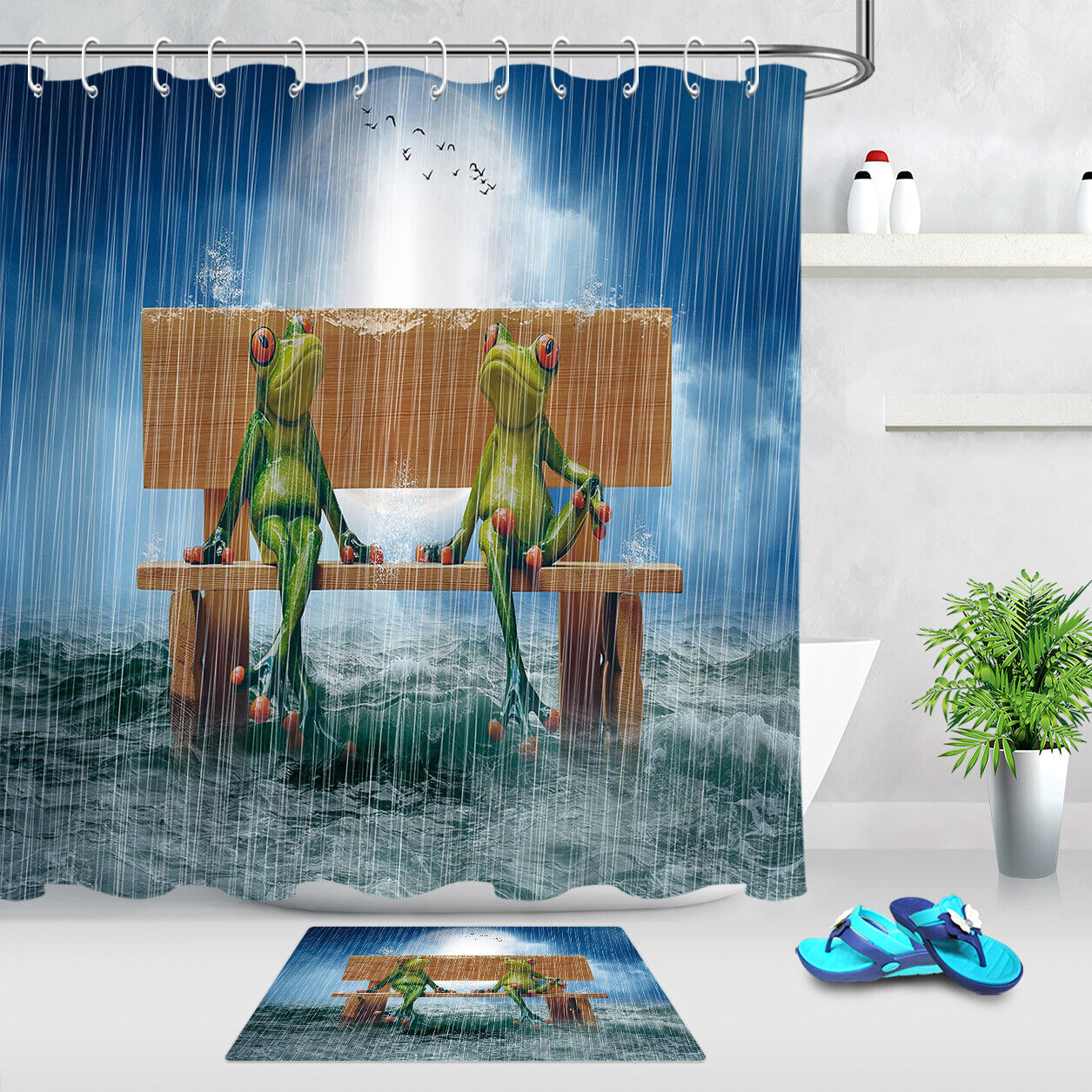 Rainy Day Funny Frogs Shower Curtain - Waterproof Animal Bathroom Decor