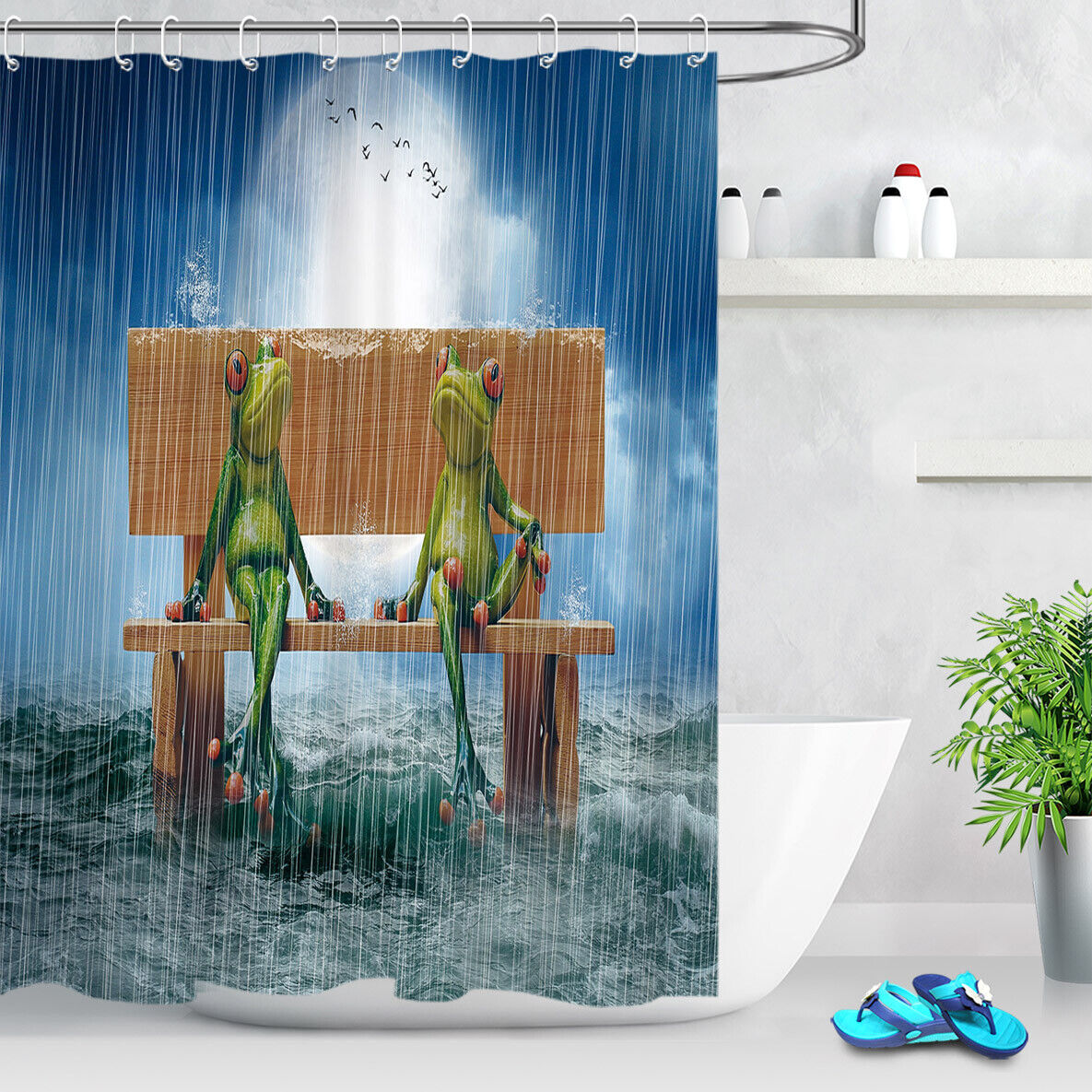 Rainy Day Funny Frogs Shower Curtain - Waterproof Animal Bathroom Decor