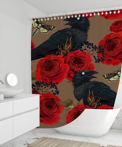 Raven And Roses Shower Curtain With Horror And Vintage Print For Bathroom 