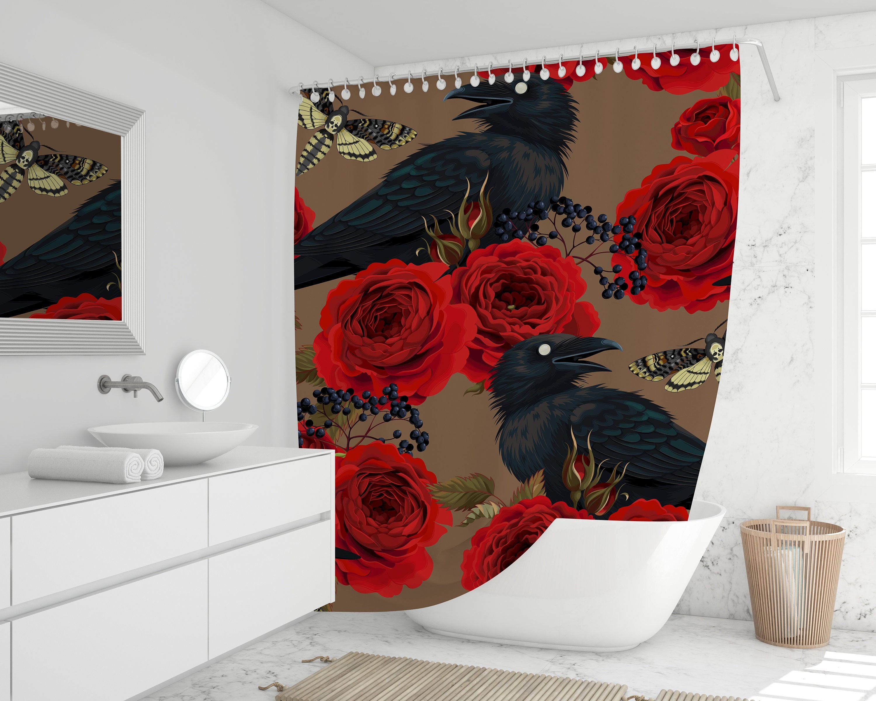 Raven And Roses Shower Curtain With Horror And Vintage Print For Bathroom