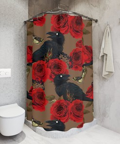 Raven And Roses Shower Curtain With Horror And Vintage Print For Bathroom
