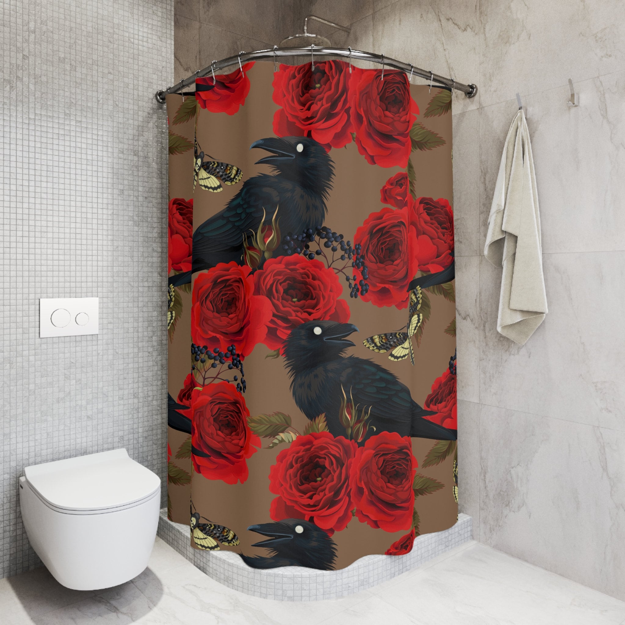 Raven And Roses Shower Curtain With Horror And Vintage Print For Bathroom