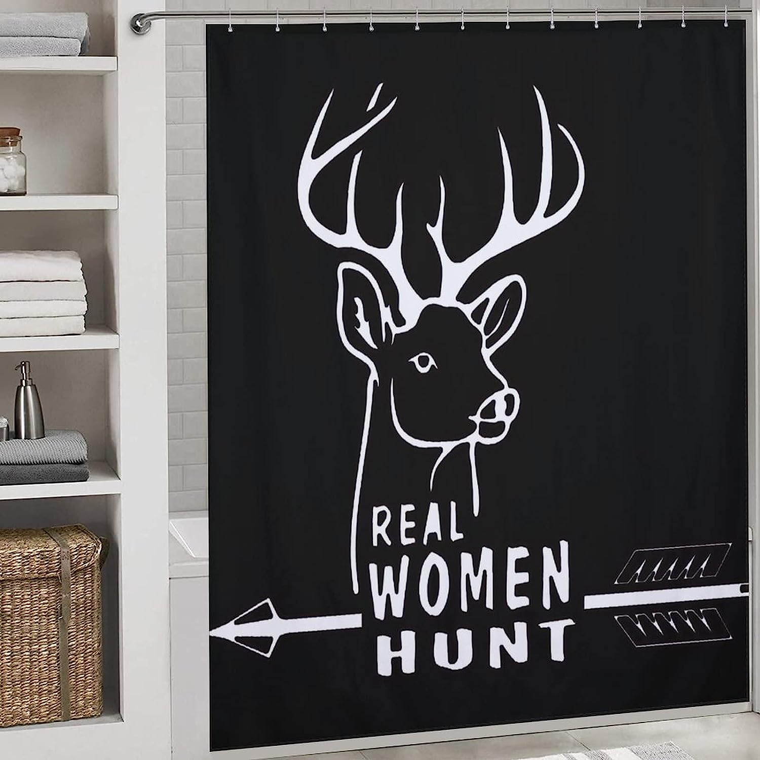 Real Woman Deer Hunt Shower Curtain, Waterproof Fabric Bath Curtain with Grommet Holes